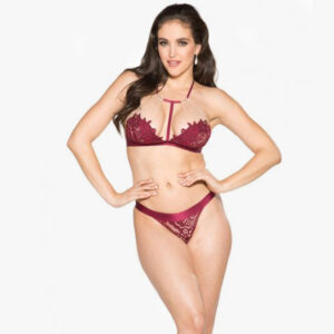 T-Front Floral Applique Bra & Panty Burgundy Nude XL