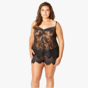 Full Eyelash Lace Camisole & Shorts Satin Edge Black 2X